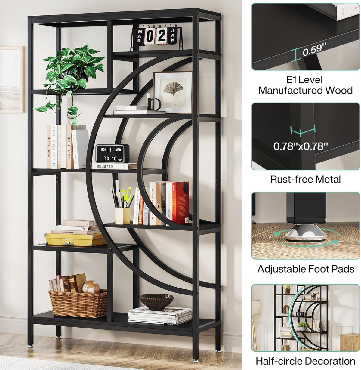 Tribesigns Geometric Bookshelf, Industrial 8 Tier Shelf Bookcase, Rustic Bookshelves Display Shelf, Freestanding Storage Organizer with 9-Open Storage for Home Office, Living Room, Bedroom