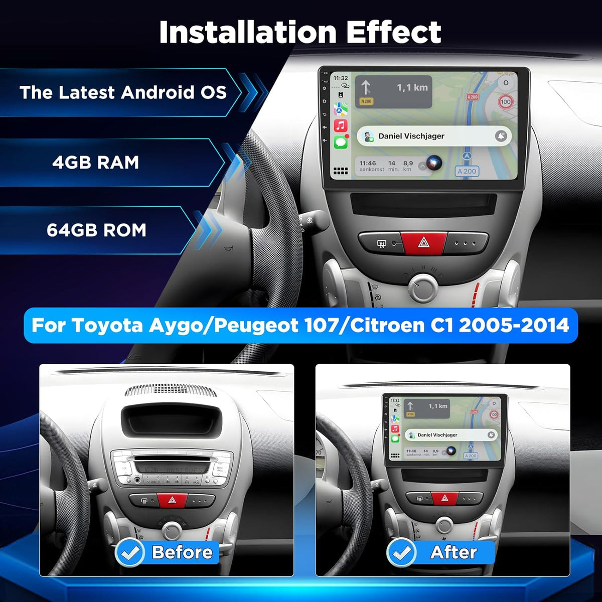 4+64G Android Autoradio voor Toyota Aygo/Peugeot 107 / Citroën C1 2005–2014, 10 Inch HD Touchscreen, Draadloos CarPlay & Android Auto, GPS Navigatie, WiFi, DSP, AHD Camera/OBD/DAB
