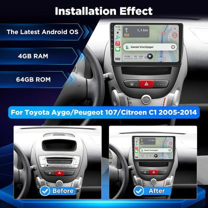 4+64G Android Autoradio voor Toyota Aygo/Peugeot 107 / Citroën C1 2005–2014, 10 Inch HD Touchscreen, Draadloos CarPlay & Android Auto, GPS Navigatie, WiFi, DSP, AHD Camera/OBD/DAB