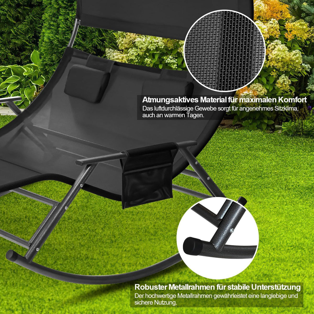 Dubbel ligbed voor buiten, schommelstoel voor 2 personen tot 250 kg, zonneligstoel met zonnedak en tas, ademend weefsel, antraciet voor tuin, balkon en terras - QUORE