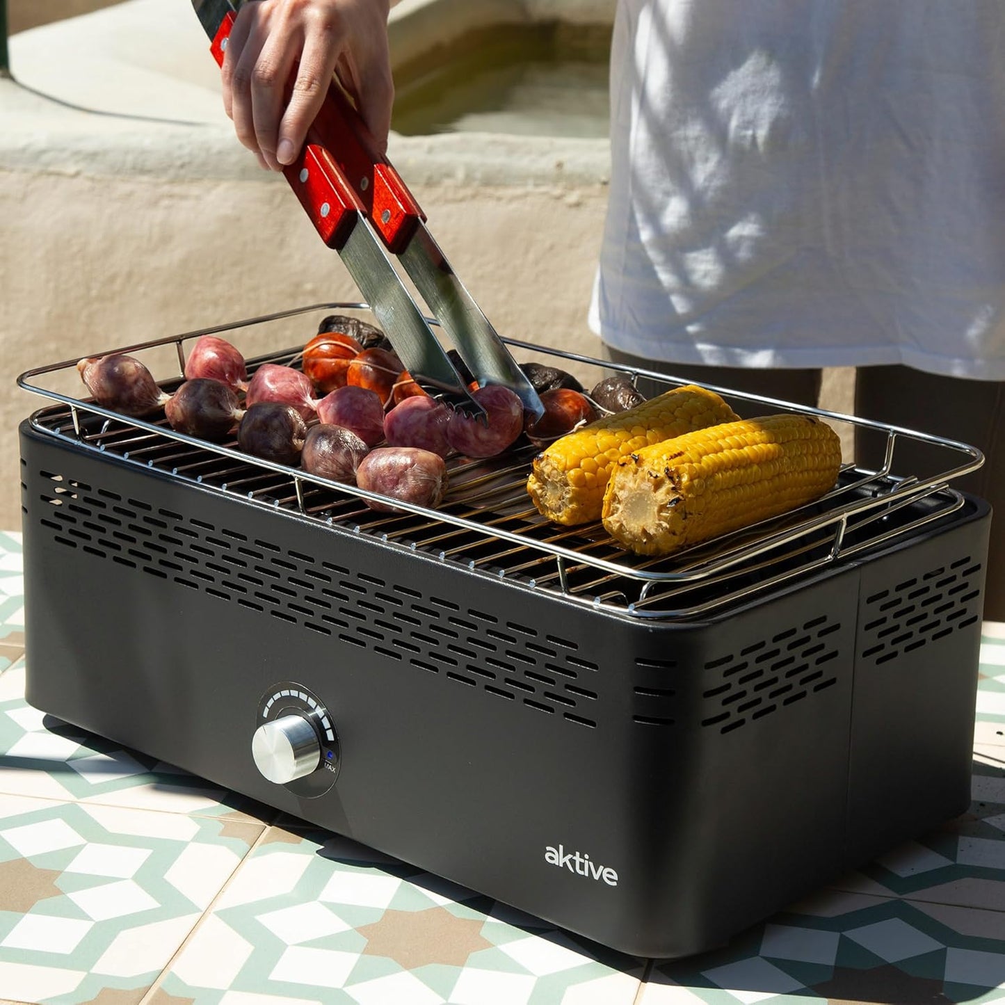 Aktive Draagbare houtskoolgrill, oplaadbaar, rookvrij, rechthoekig, druppelbescherming, afmetingen 45 x 28 x 19 cm, inclusief draagtas, terras-grill, balkon (63004)