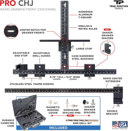 True Position Tools Originele cabinet hardware jig met verlengde liniaal voor Rapid Drawer Centering - verstelbare boorgids voor installatie van deur- en ladeknoppen en handgrepen TP-1934E