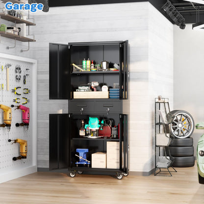 180 cm archiefkast, metalen garage-opbergkast met 4 wielen en 2 laden, opbergkast voor rolgereedschap met vergrendelingsdeuren en verstelbare planken, heavy duty stalen gereedschapskast (zwart)