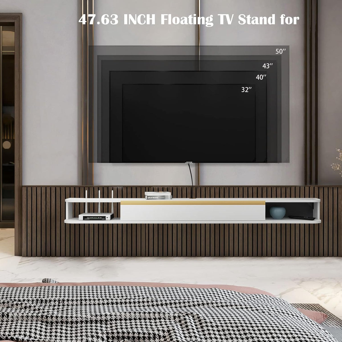 Zwevende tv-plank, wandgemonteerde zwevende tv, centrale entertainmentconsole, thuiskantoor, 120 cm, wit