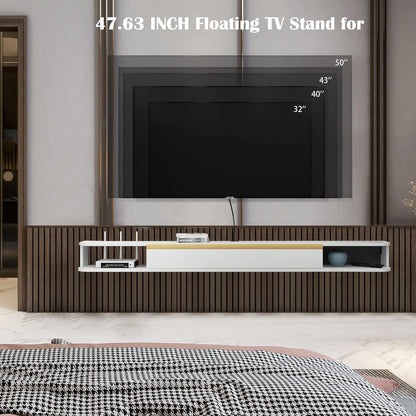 Zwevende tv-plank, wandgemonteerde zwevende tv, centrale entertainmentconsole, thuiskantoor, 120 cm, wit