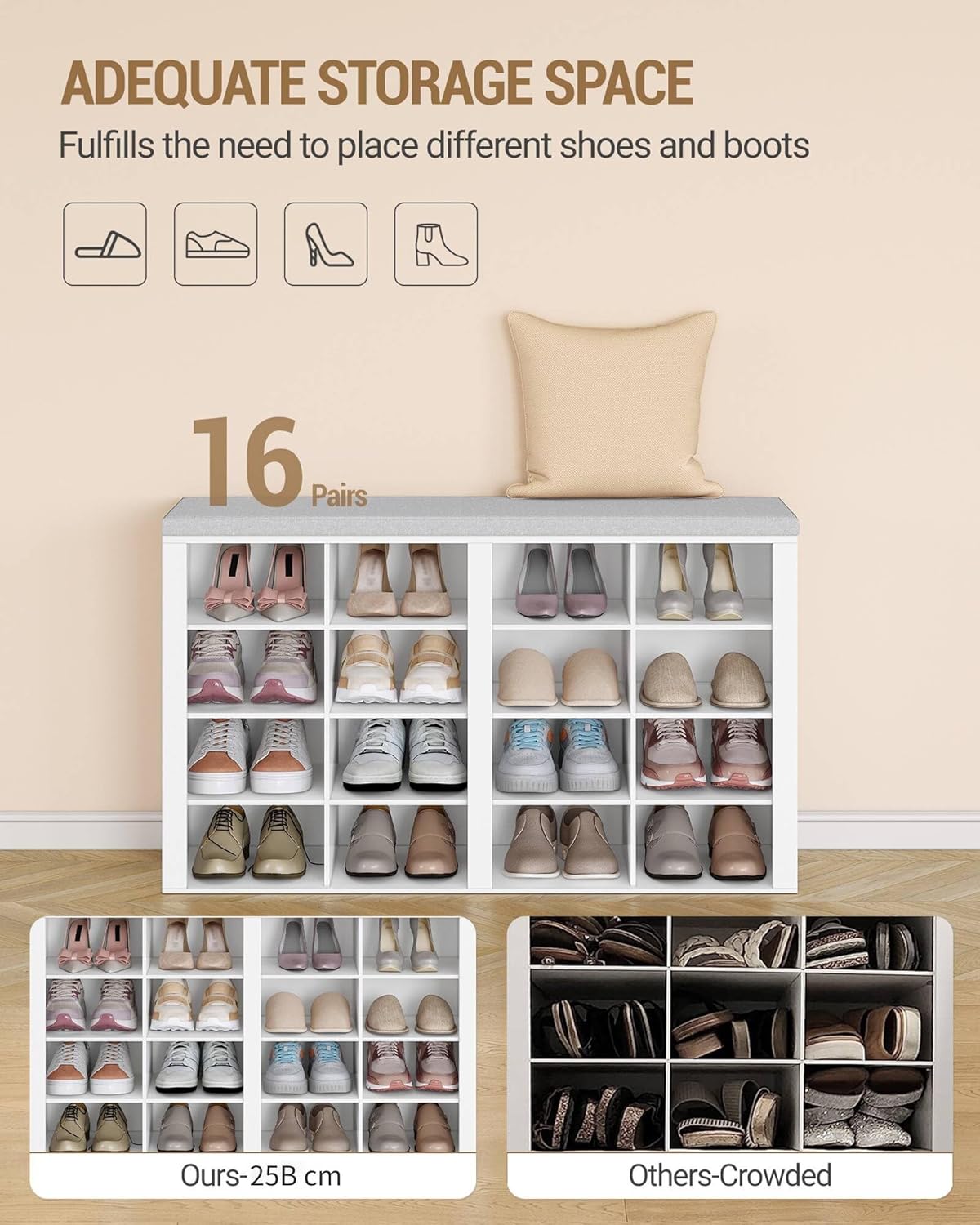 Hzuaneri Wardrobe Shoe Rack Set, Shoe Bench with Cushion, Entrance Bench 30 x 105 x 59 cm, Wall Coat Rack with 9 Hooks Coat Racks with Shelf for Living Room, Bedroom, Entrance, White-Grey, HT56603GY