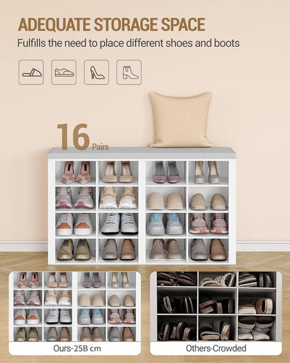 Hzuaneri Wardrobe Shoe Rack Set, Shoe Bench with Cushion, Entrance Bench 30 x 105 x 59 cm, Wall Coat Rack with 9 Hooks Coat Racks with Shelf for Living Room, Bedroom, Entrance, White-Grey, HT56603GY