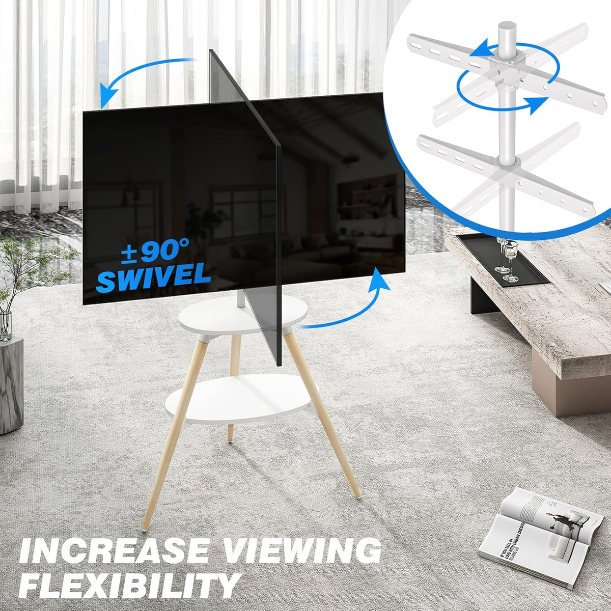 5Rcom Statief ezel tv-standaard met 2 planken draaibaar en in hoogte verstelbaar houten tv-vloerstandaard voor 32-65 inch LED LCD OLED-scherm Max VESA 400x400 mm Max belasting 40 kg wit