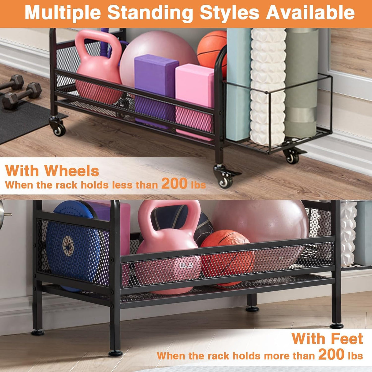 56" Taller Home Gym Storage Organizer, Yoga Mat Storage Rack with Hanging Board, Exercise Workout Equipment Storage Stand for Home Gym, Dumbbell Holder Kettlebell Rack with Wheels and Hooks - QUORE