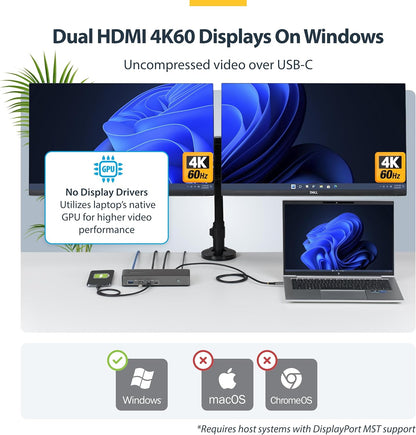 StarTech Dual-Monitor USB-C Docking Station, HDMI, 4K 60Hz, 100W Laptop Charging, 1GbE, Driverless, Multi-Monitor Dock