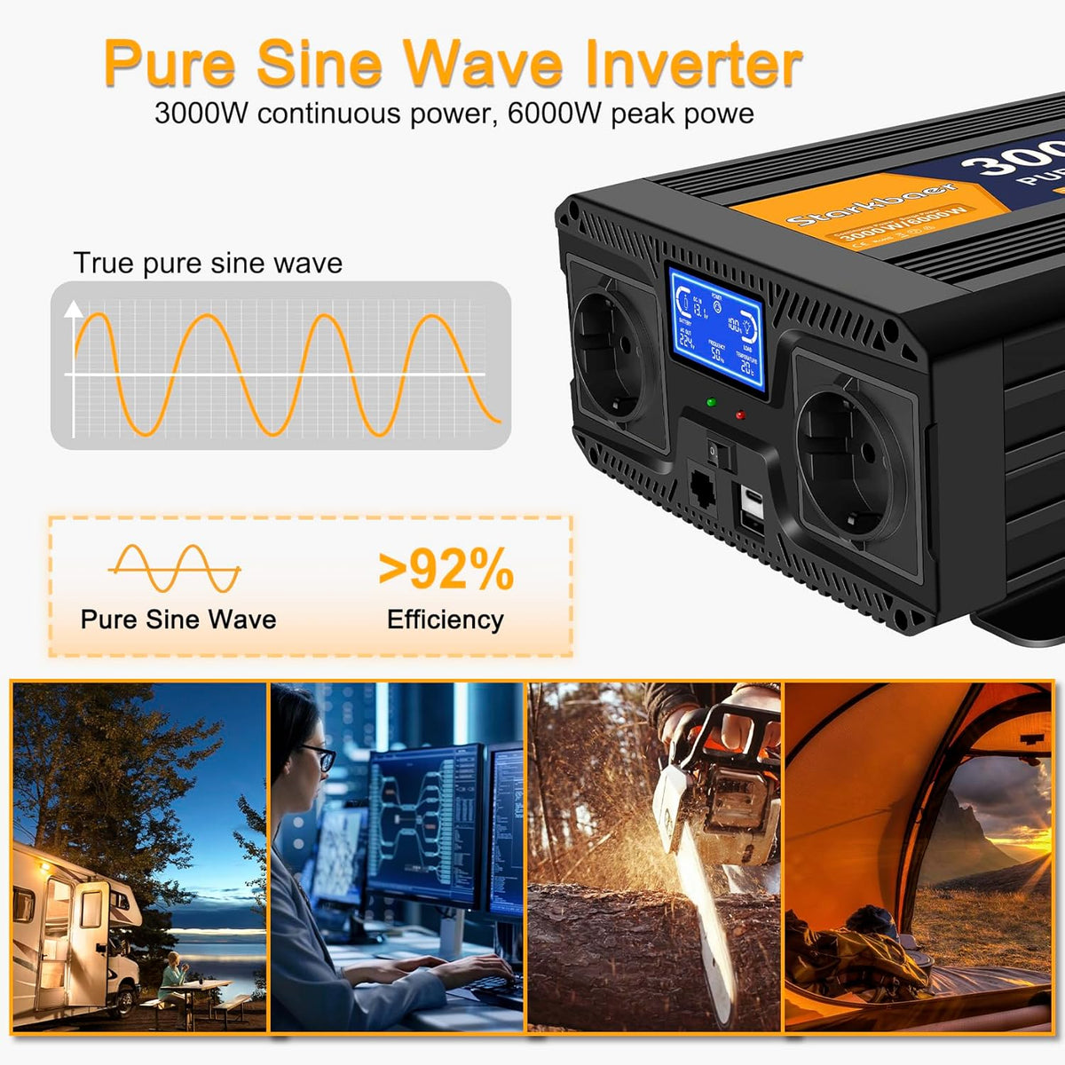 <font dir="auto" style="vertical-align: inherit;"><font dir="auto" style="vertical-align: inherit;">        3000W/6000W 12V to 230V Pure Sine Wave Power Inverter, Car Charger with LCD Display, Remote Control, 2 EU AC Outlets, 1 Type-C and 1 USB Port