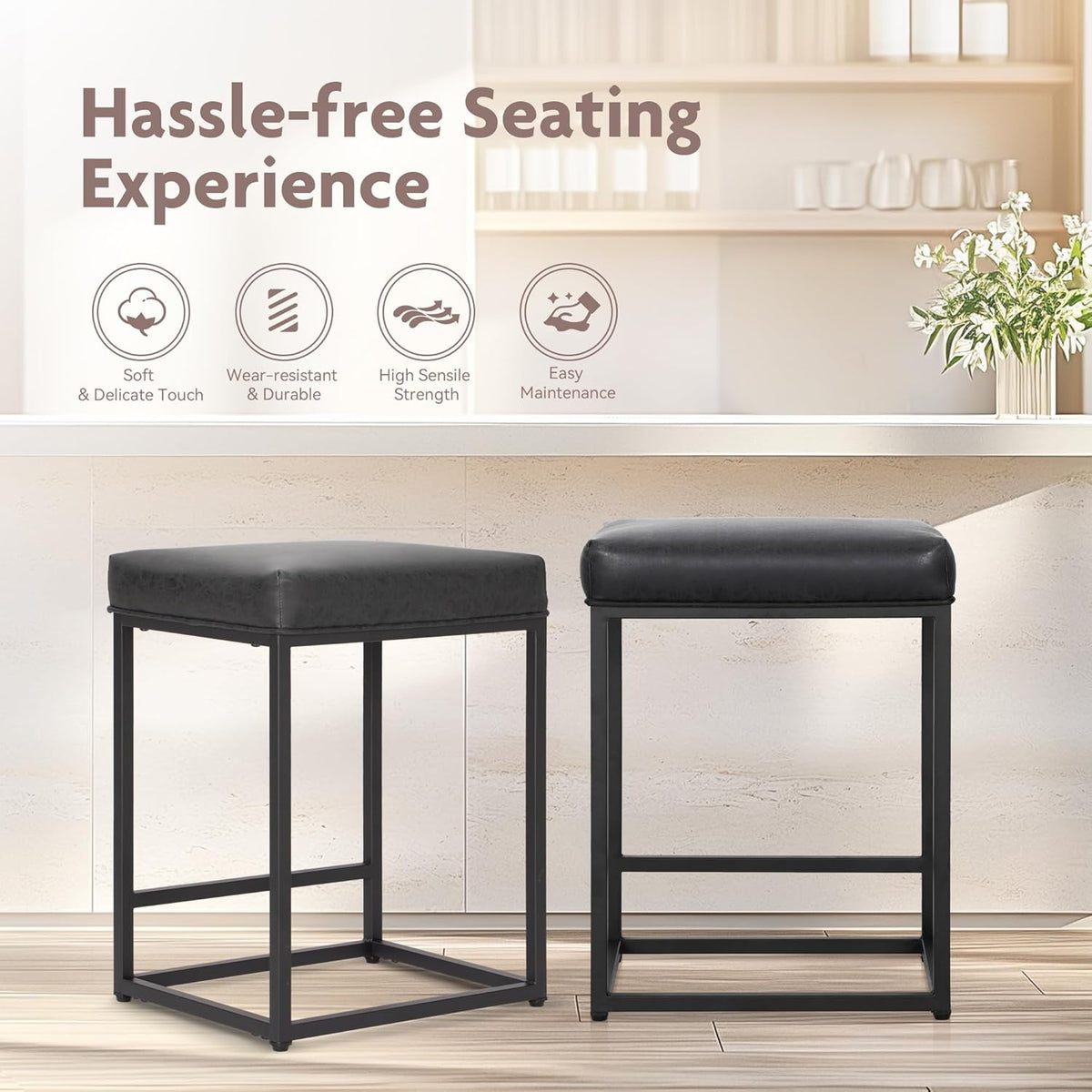 ALPHA HOME Set van 2 barkrukken, barkrukken op aanrechthoogte met voetsteun, ontbijtstoel van PU-leer zonder rugleuning, keuken-eetkamer-cafékruk voor binnen en buiten, zwart