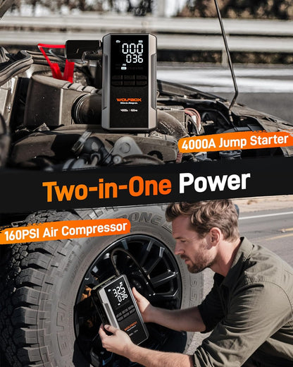 WOLFBOX 4000A Jump Starter met 160PSI luchtcompressor, 12V auto-accubooster, 65W snel opladen, 24000mAh draagbare bandenpomp, LED-display voor 10L gas- en 10L-dieselmotoren, LED-licht, jumperkabels
