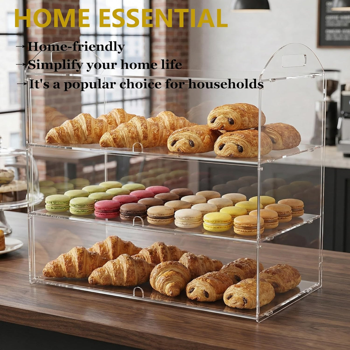 Bakkerijvitrine met 3 niveaus met handvat, aanrecht 59,9 x 30 x 47,2 cm, commerciële bakstandaard, transparante acryl presentatiedoos voor dessert, donut