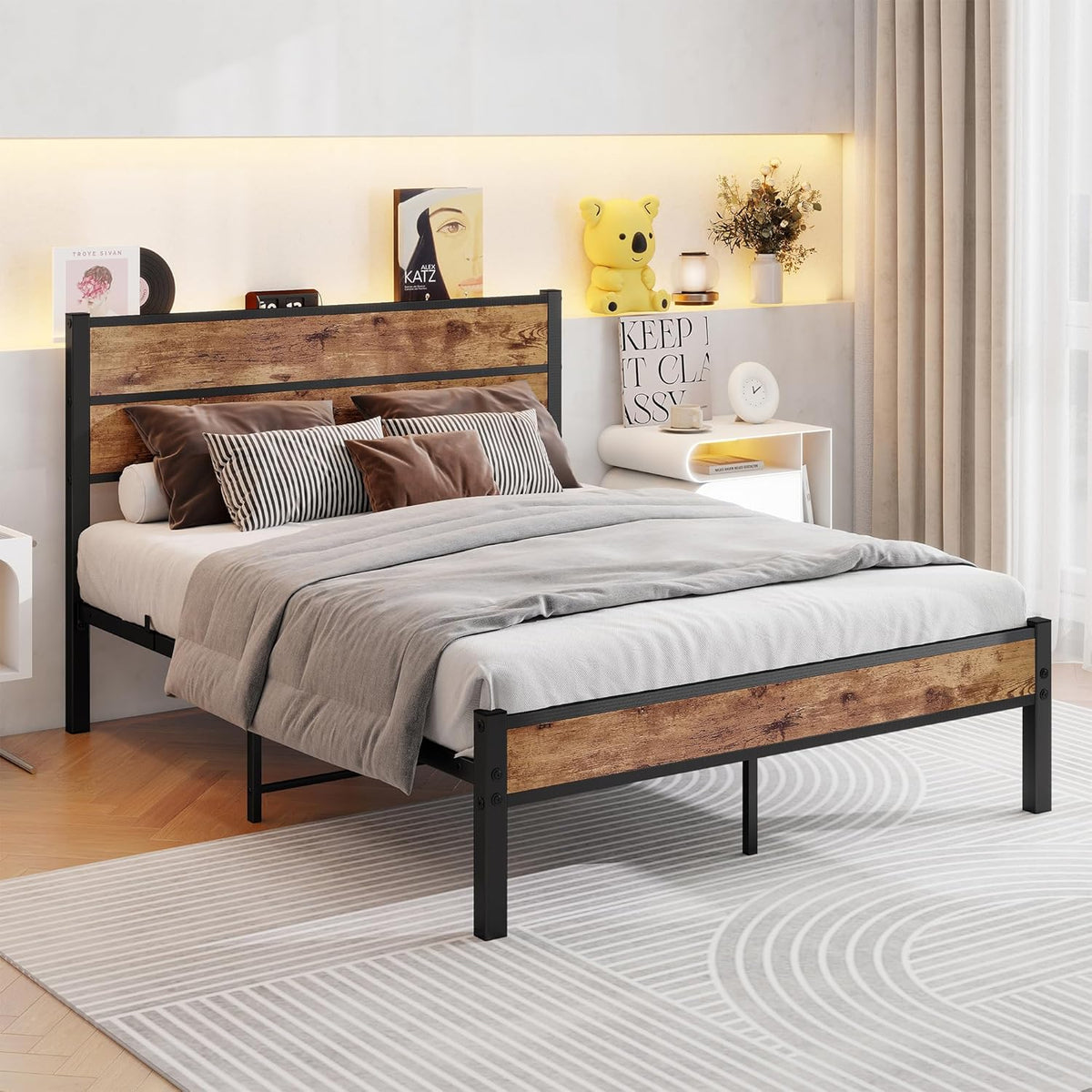 Bed 120x200, Bed frame Kinderbed 120x200 met lattenbodem van metaal, Bedframe met houten hoofdeinde en opbergruimte eronder, Gastenbed Tweepersoonsbed, Robuust en Stabiel Bed Frame, Bruin