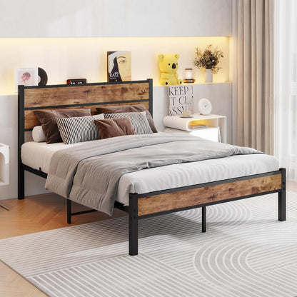 Bed 120x200, Bed frame Kinderbed 120x200 met lattenbodem van metaal, Bedframe met houten hoofdeinde en opbergruimte eronder, Gastenbed Tweepersoonsbed, Robuust en Stabiel Bed Frame, Bruin