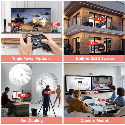 TIMBOOTECH Draadloze HDMI Video Transmitter en Receiver Pro – tot 6 RXs, 400 m ondersteunt HDMI loopout/OLED-scherm/Smart Channel, voor fotografie, laptop, films, tv, monitor, beamer