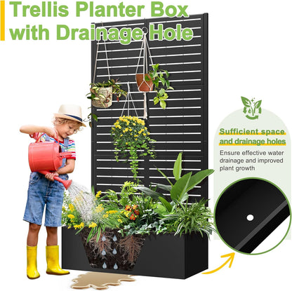 FENCY Metal Raised Garden Bed with Trellis, Metal Planter with Trellis, Garden Box for Climbing Plants Vegetable, 89 cm (L x W x H) Metal Garden Bed with Drainage Holes (Black Louvre) - QUORE