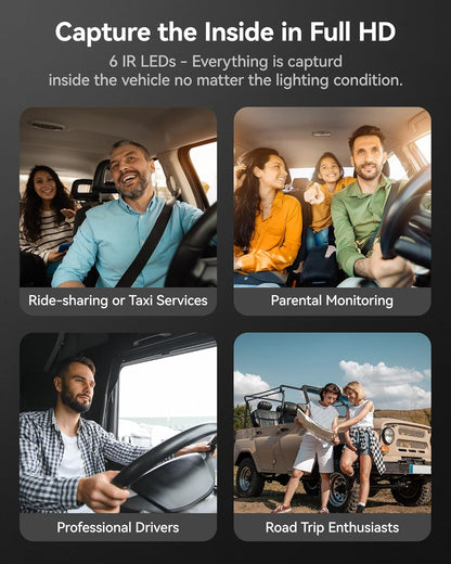 WOLFBOX i07 3-kanaals dashcam met ingebouwde WiFi GPS, 4K voor en binnen, 1440P+1080P+1080P drievoudige autocamera, 3 inch LCD-scherm, 32 GB kaart inbegrepen, IR nachtzicht, 24 uur