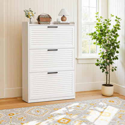 Smalle schoenenkast, schommelkast met lamellendeur, kast met 3 kleppen en 6 verstelbare planken, houten schoenenopslag voor entree, 80 x 24 x 120 cm, wit