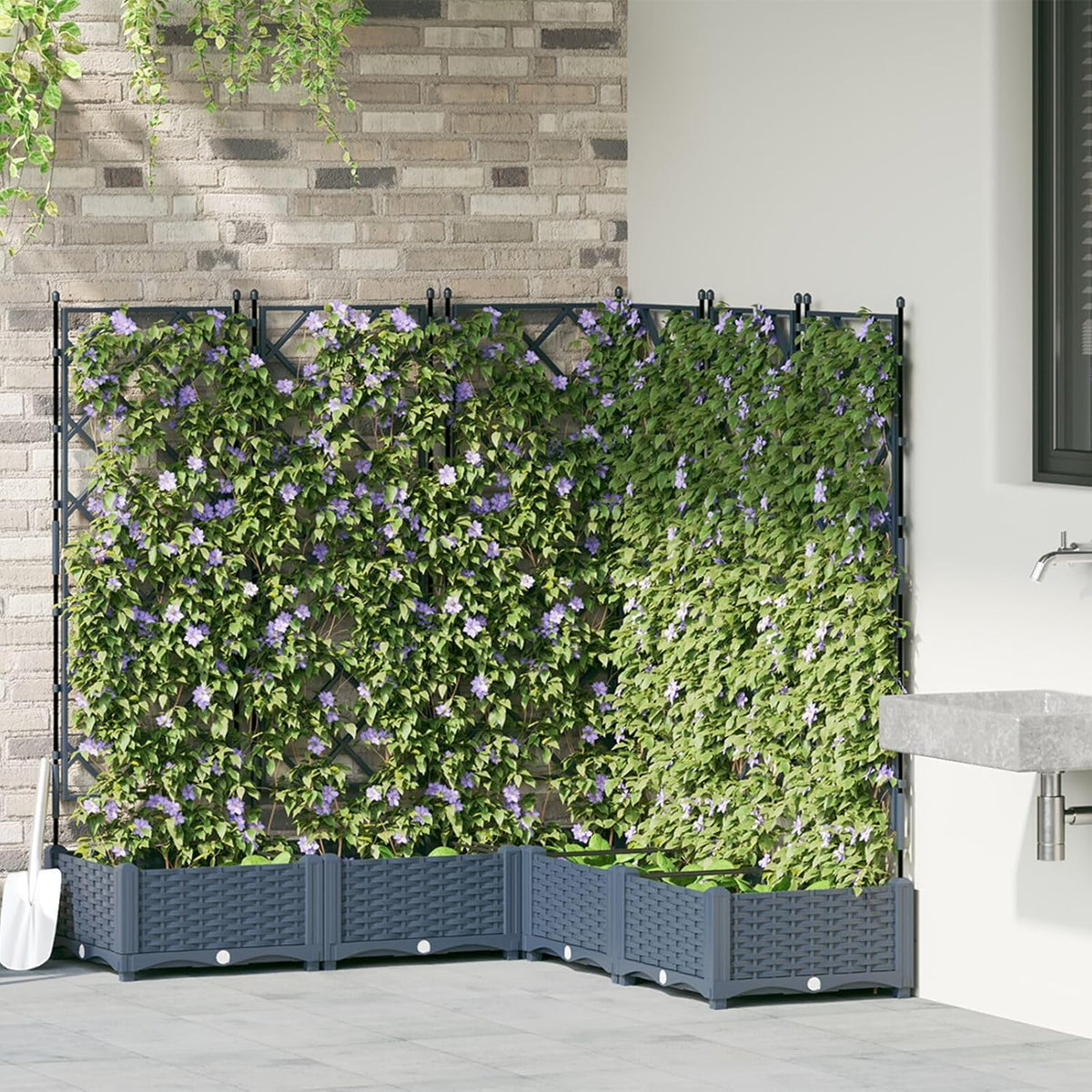 Trellis Planter with Stand, 5 Pieces, Grey, 120 x 120 x 125.5 cm, for Climbing Plants, Modern Design, Braided Material, Plastic, Robust - QUORE