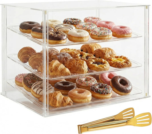 3 Tray Countertop Bakkerij Vitrine met Magnetische Achterdeuren - 52,8 cm x 40 cm x 42,9 cm Acryl Gebak Vitrine met Verwijderbare Trays & Stalen Tang, Voedsel Vitrine voor Donut Brood Cake