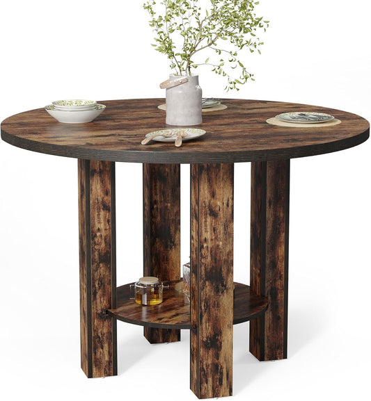 Tribesigns Round Dining Table for 4 People, 100 x 75cm Wooden Kitchen Table Large Dinner Table with Storage Shelf Wooden Legs for Home Dining Living Room, Rustic Brown