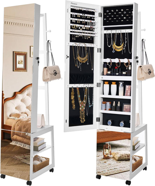 Hzuaneri Jewellery Cabinet with Light Frame, Mirror, Standing Jewellery Cabinet with Clothes Stand, Movable Full Body Mirror with Wheels, Lockable Storage Compartments with Hooks, White JC17103B