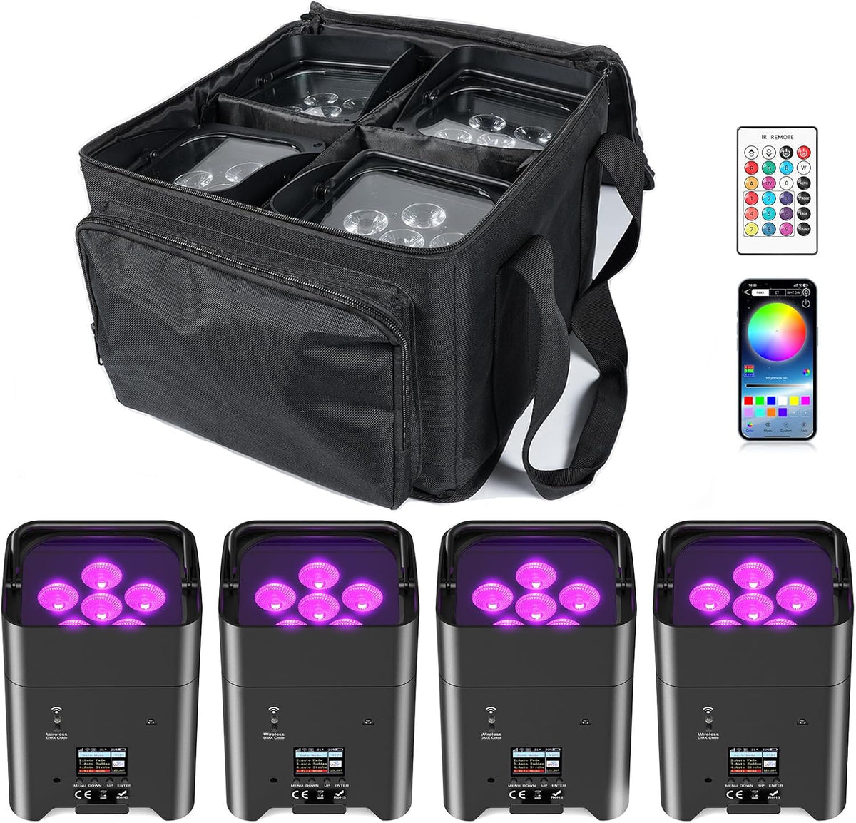 LED Par Accu, 4 stuks 108W 6 in 1 RGBWA+UV podiumverlichting met 9600mAh, lichtpakket, APP-bediening, LED schijnwerper Accu met DMX en afstandsbediening voor feest, bar, Halloween