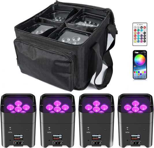 LED Par Accu, 4 stuks 108W 6 in 1 RGBWA+UV podiumverlichting met 9600mAh, lichtpakket, APP-bediening, LED schijnwerper Accu met DMX en afstandsbediening voor feest, bar, Halloween