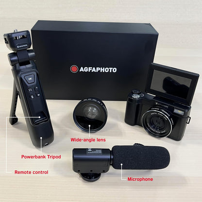AgfaPhoto Realishot VLG-4K Vlogging-kit, 24 MP camera, 4K video, 3 inch LCD-display, 16 x digitale zoom, CMOS-sensor, lithiumbatterij, zwart