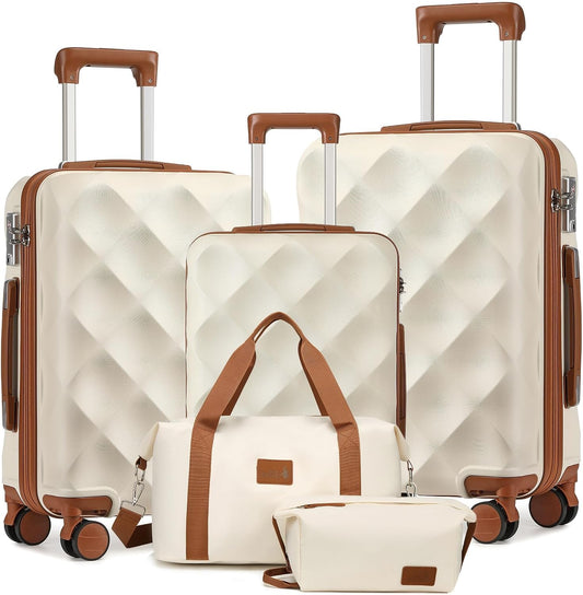 Sea choice Hardschalige Trolley Kofferset 5-Delige Reiskoffer Met Dubbele Wielen Bevat 1 Reistas en 1 Toilettas, Bagage M-L-XL Set (55/65/76cm), Tsa Slot en 4 Wielen (Beige, Kofferset)