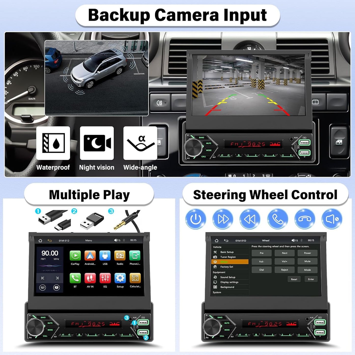 1 DIN Autoradio met draadloze Apple CarPlay & Android Auto, 7 inch motorisch uitklapbaar scherm, Bluetooth, DAB+, USB/Type-C/AUX/FM, spiegelbesturing, achteruitrijcamera + microfoon
