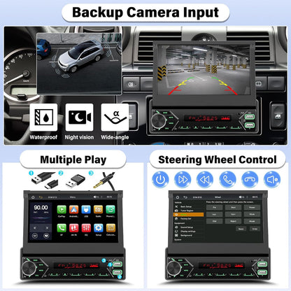 1 DIN Autoradio met draadloze Apple CarPlay & Android Auto, 7 inch motorisch uitklapbaar scherm, Bluetooth, DAB+, USB/Type-C/AUX/FM, spiegelbesturing, achteruitrijcamera + microfoon
