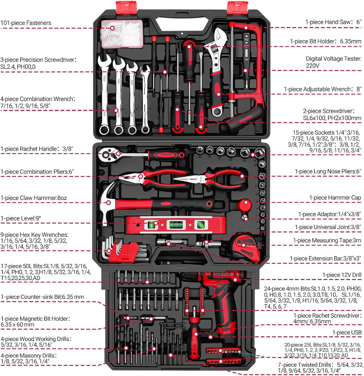 Gereedschapskit Doos Boorset: DEKO 238 Stuks Home Mechanic Toolbox met 12V Power Draadloze Boor Hand Reparatie Gereedschap Sets Combo Kits Opslag Organizer Lade Case voor Mannen (Rood)
