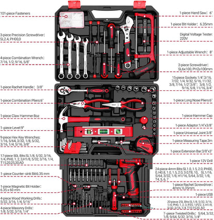 Gereedschapskit Doos Boorset: DEKO 238 Stuks Home Mechanic Toolbox met 12V Power Draadloze Boor Hand Reparatie Gereedschap Sets Combo Kits Opslag Organizer Lade Case voor Mannen (Rood)