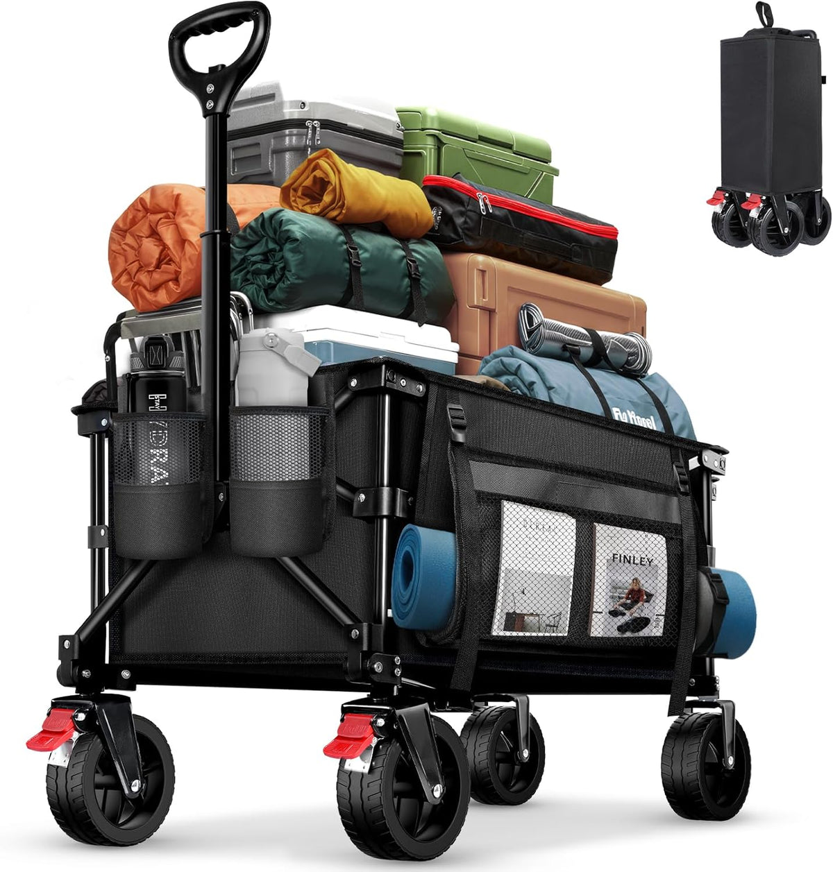 BELEEV Inklapbare Handwagen, Zware Klasse All-Terrain Handwagen met 6in Grote All-Terreinwielen, 130L Grote Capaciteit, Zijzakken & Drankhouders voor Strand Tuin Camping Sport Winkelen -Black