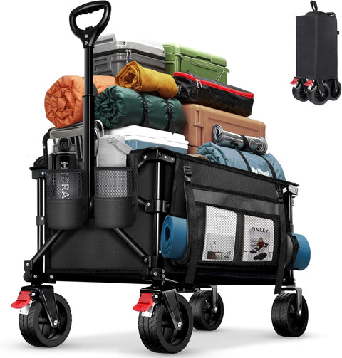BELEEV Inklapbare Handwagen, Zware Klasse All-Terrain Handwagen met 6in Grote All-Terreinwielen, 130L Grote Capaciteit, Zijzakken & Drankhouders voor Strand Tuin Camping Sport Winkelen -Black
