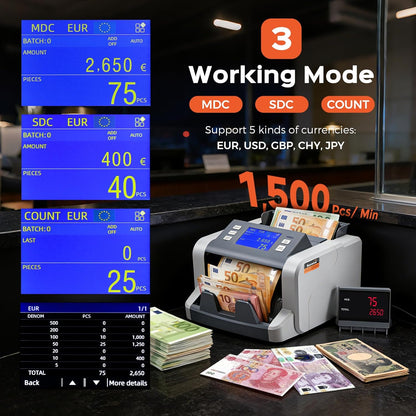 Bonvoisin Professionele bankbiljettenteller, waardetelling voor gemengde sneden, geldtelmachine met valse herkenning 1CIS/UV/IR/MG, bankbiljettenteller touchscreen, 1500 bankbiljetten/min