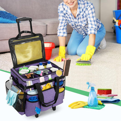 Schoonmaakkar – Schoonmaakwagen – Schoonmaakcaddy – Schoonmaakbox – Schoonmaaktrolley – Met Wieltjes en Verstelbare Hoogte – Gemaakt van 600D Nylon, Waterafstotend en Stevig – Paars
