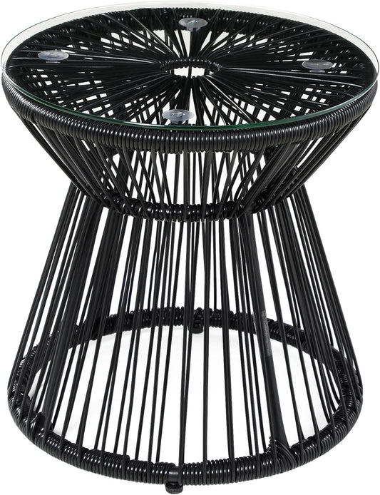 Tuintafel - Tuintafel Rond - Bijzettafeltje - Rattenbijzettafel - Bistrotafel, Salontafel - met Glazen Tafelblad - Boho-Stijl - voor Terras - Tuin - Ø40 x 42 cm - Zwart