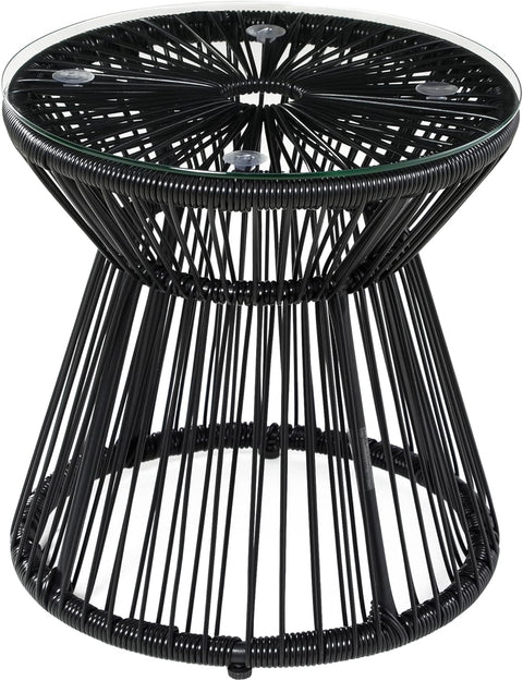 Tuintafel - Tuintafel Rond - Bijzettafeltje - Rattenbijzettafel - Bistrotafel, Salontafel - met Glazen Tafelblad - Boho-Stijl - voor Terras - Tuin - Ø40 x 42 cm - Zwart