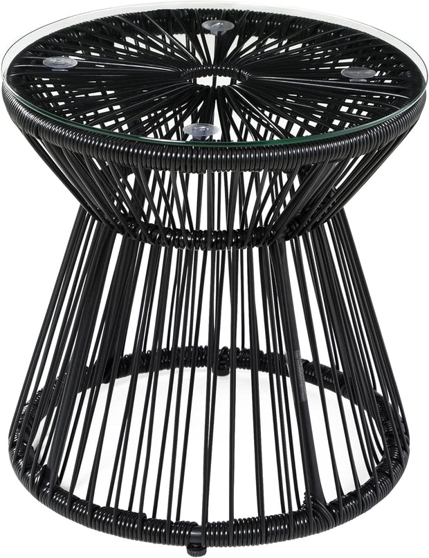 Tuintafel - Tuintafel Rond - Bijzettafeltje - Rattenbijzettafel - Bistrotafel, Salontafel - met Glazen Tafelblad - Boho-Stijl - voor Terras - Tuin - Ø40 x 42 cm - Zwart