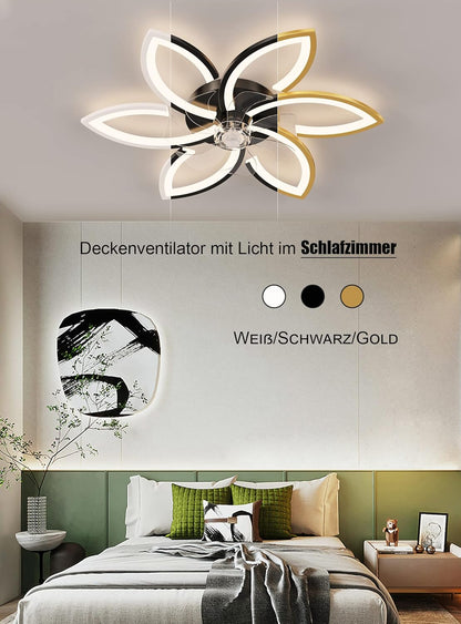 Stille plafondventilator met licht, plafondventilator met afstandsbediening en verlichting APP dimbare helderheid 70W creatieve acryl bloem vorm plafondlamp met ventilator (Goud)
