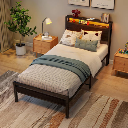 Bed van metaal en hout, 90 x 200 cm, met lattenbodem, USB-oplaadfunctie type C, hoofdeinde met opbergruimte, voor gasten of jongeren, zwart