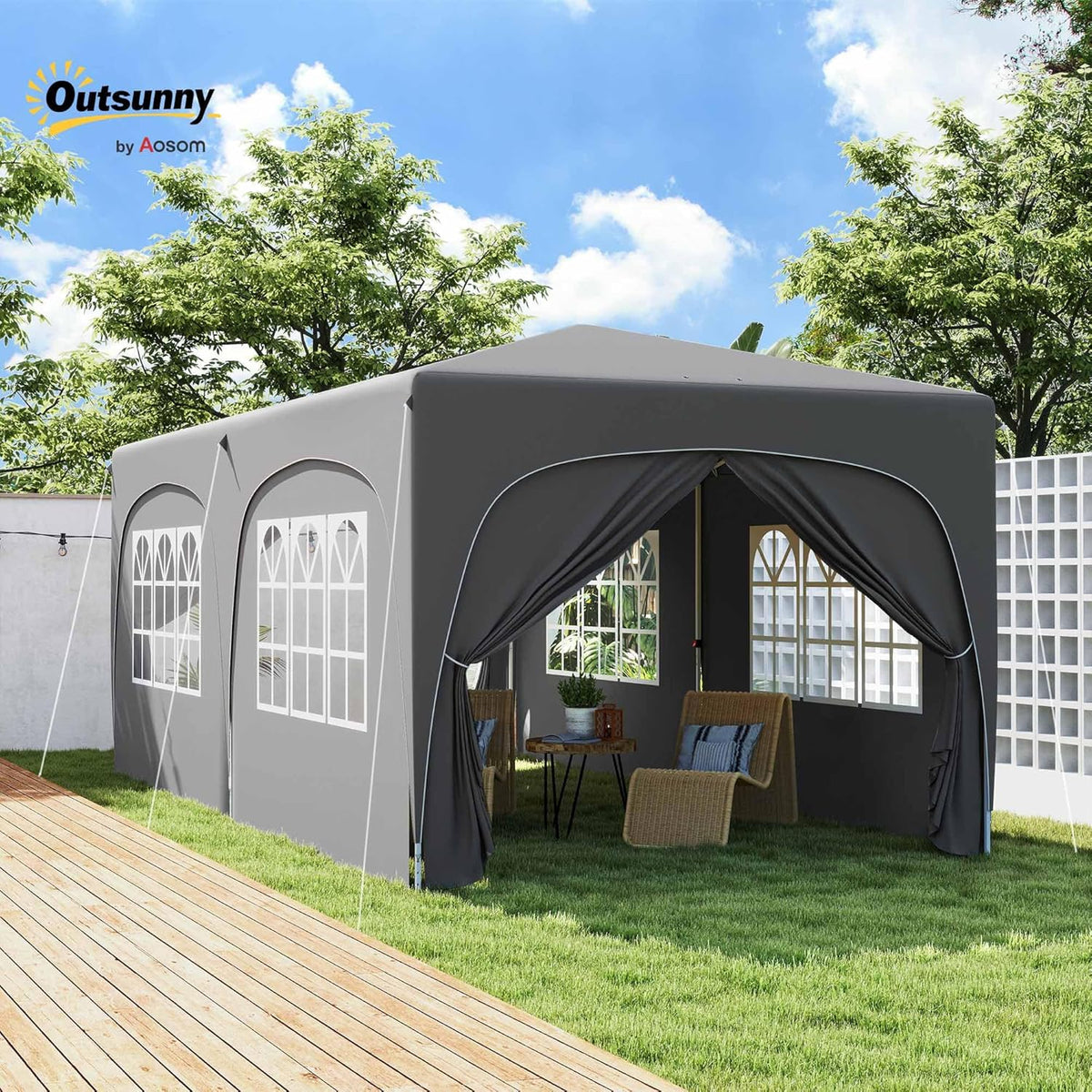 Outsunny Pavillon approx. 3x6m, wasserabweisend Stabil Winterfest Pop-up Faltpavillon, UV Schutz 50+, Faltbar Partyzelt Gartenzelt mit 6 Seitenteilen Tasche Gartenpavillon für Camping Garten, Hellgrau - QUORE