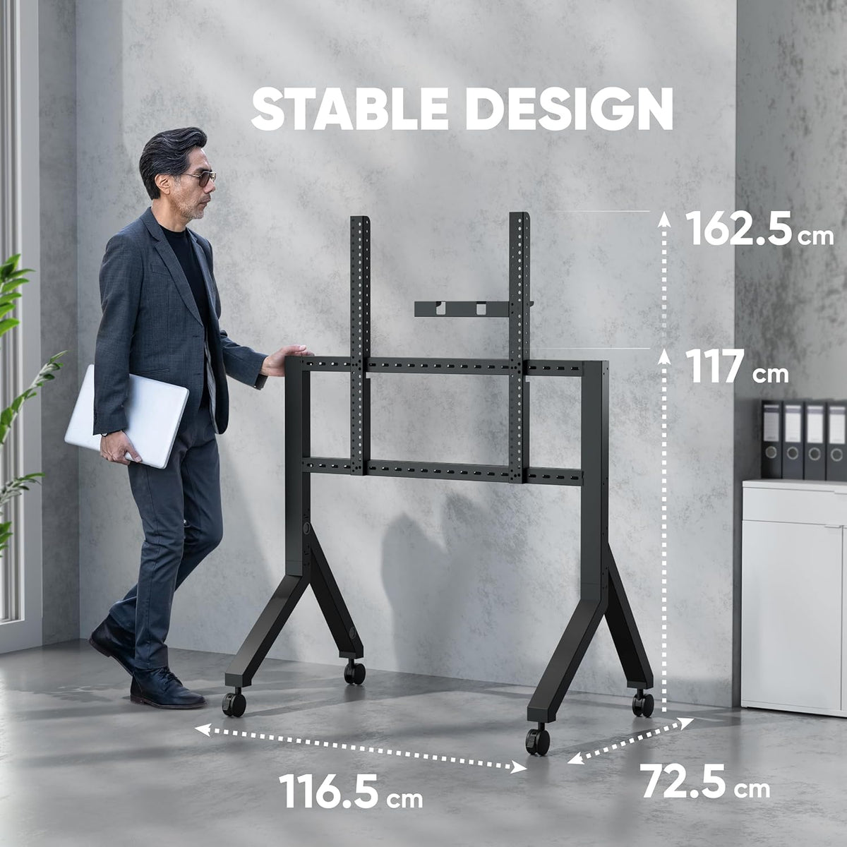 ONKRON TV-standaard op wielen voor 70-110 inch televisies tot 120,5 kg, in hoogte verstelbare TV-standaard max VESA 1000x800, mobiele TV-wagen met wielen/TV-rollwagen met plank zwart TS2081-B