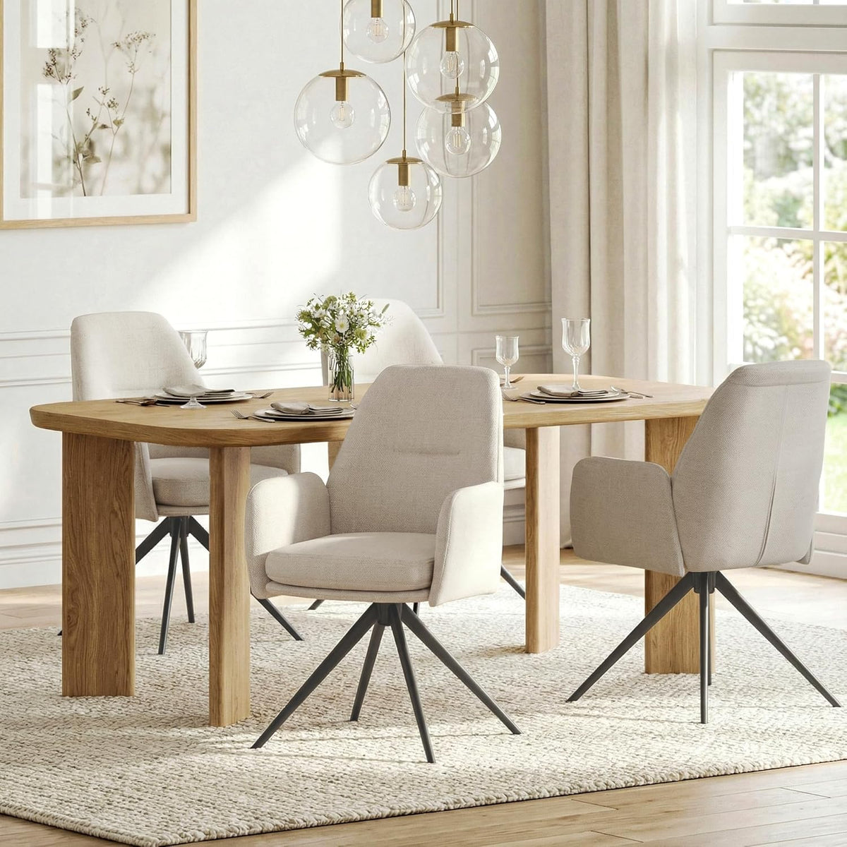 1 Draaibare Eetkamerstoelen 360° van Linnen met Armleuningen, Hoge Rugleuning en Dikke Gevulde Zitting, Beige