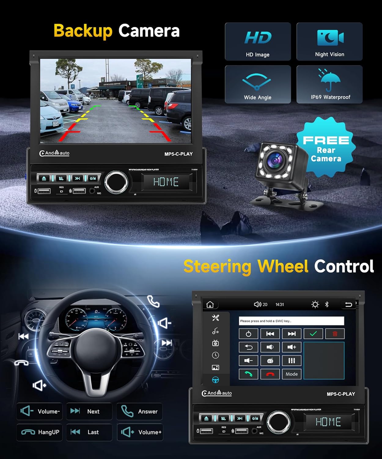 Autoradio 1 Din Carplay Android Auto Draadloos met 7 inch elektrisch uitschuifbaar scherm,1-DIN radio FM met Bluetooth,GPS/Navi,Mirror Link,2 USB/AUX/SD met achteruitrijcamera,stuurwielbediening