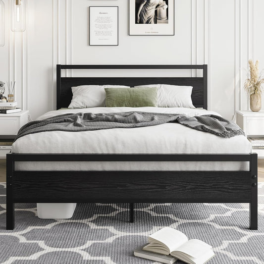 HOJINLINERO 4ft6 dubbele bedframes met houten hoofdeinde, metalen platform bedframe, dubbele bedbodem, geen boxspring nodig, matrasstichting, industriële verbeterde stalen latten ondersteuning voor